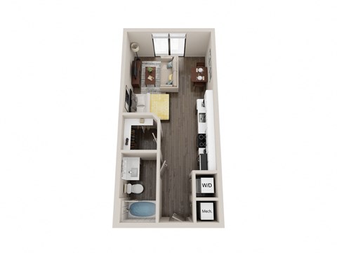 a floor plan of a studio apartment with a bedroom and kitchen